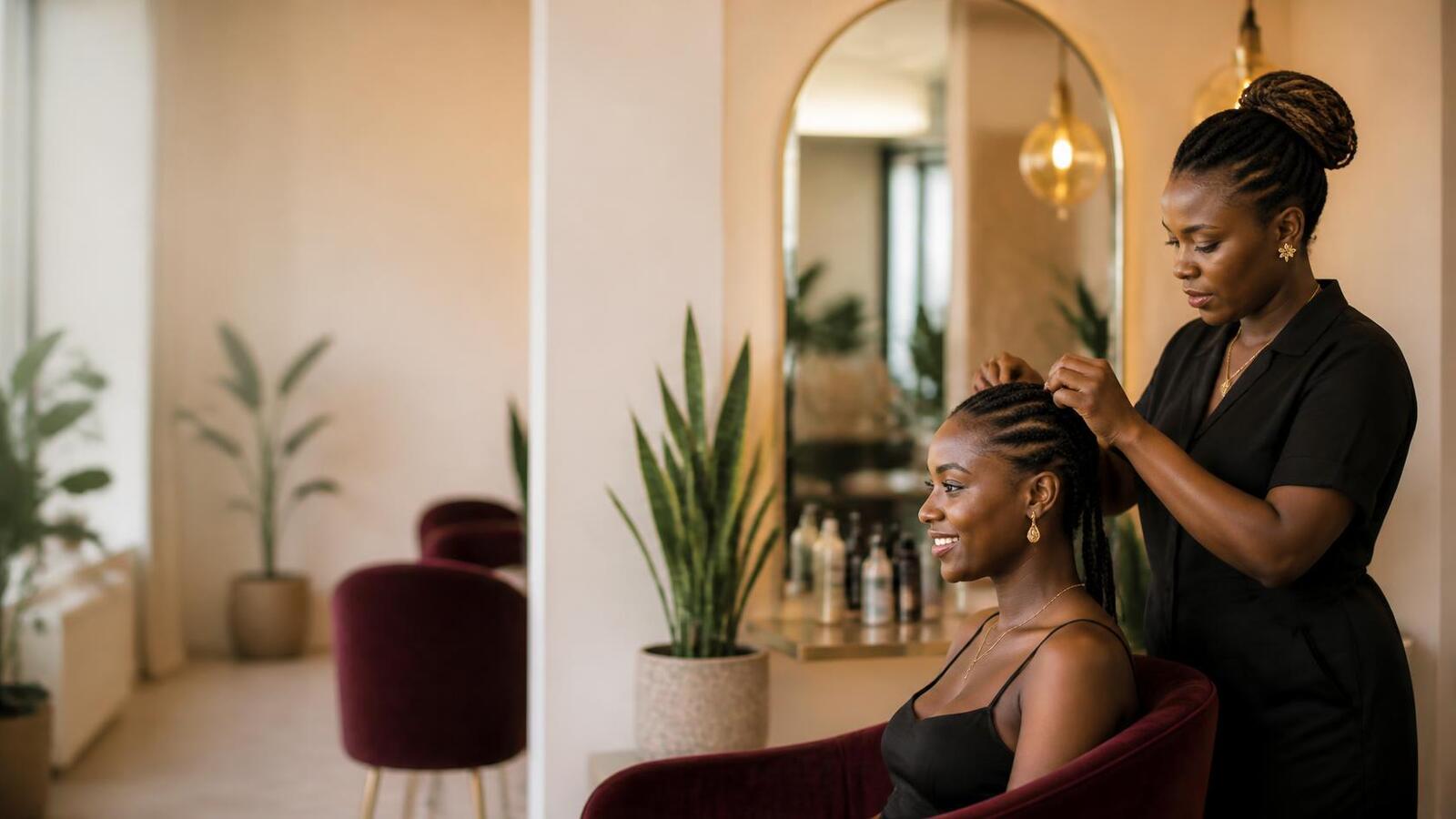 Une coiffeuse tresse une cliente souriante dans un salon chaleureux